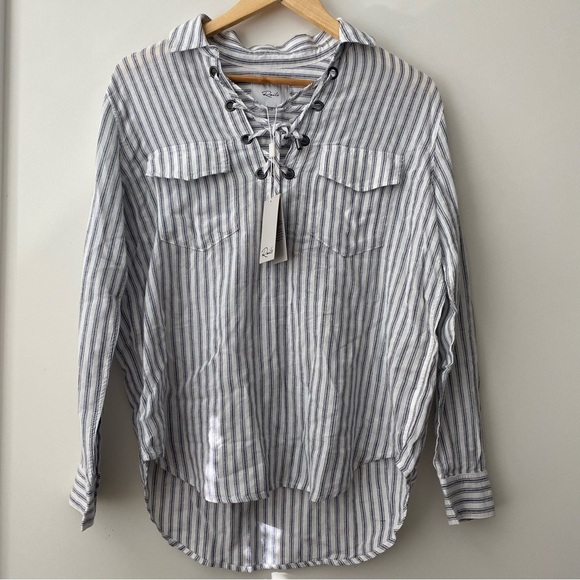 NWT Rails Matea Canela Stripe Linen Blend Lace Up Shirt Blouse Small - Picture 1 of 16